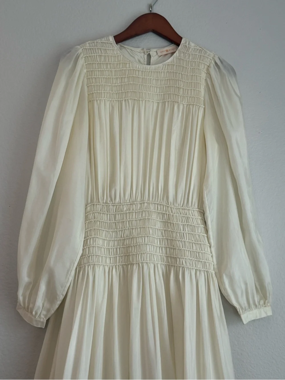 Tory Burch Runway Corded Smocked Silk Midi Dress Ivory Long Sleeve Size 6